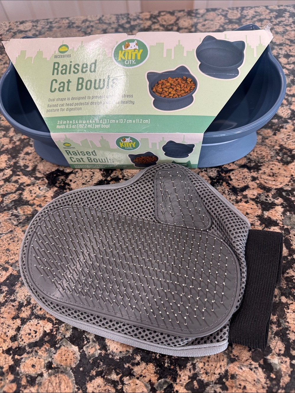 Raised Cat Bowls & MIT for brushing.